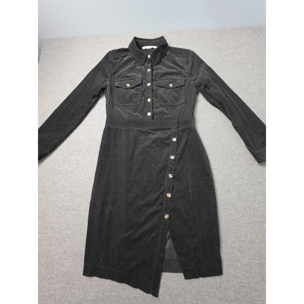 Veronica Beard Corduroy Shirt Dress Women Black Collared Asymmetric Button Front